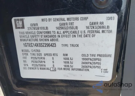 2003 GMC Sierra 1500 from USA, damaged, VIN 1GTEC14X03Z296423